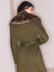 Lipsy Olive Green Petite Fur Collar Longline Belted Coat - Image 6 of 6