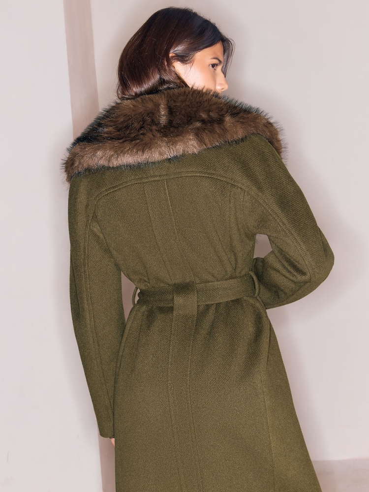 Lipsy Olive Green Petite Fur Collar Longline Belted Coat - Image 6 of 6