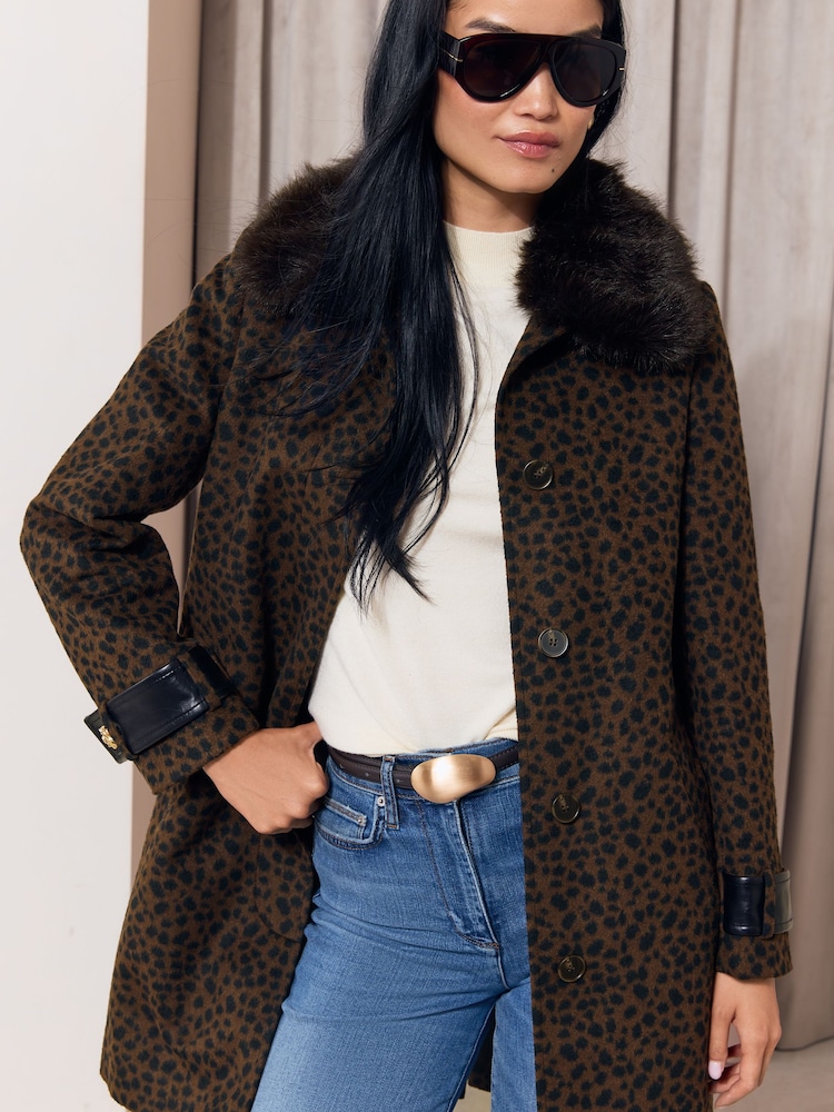 Lipsy Animal Petite Fur Collar Coat - Image 1 of 5 Lipsy Animal Petite Fur Collar Coat - Image 1 of 5