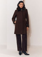 Lipsy Chocolate Brown Petite Fur Collar Coat - Image 3 of 5