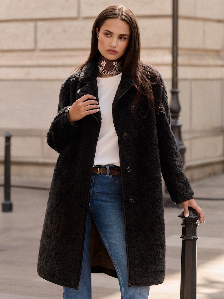 Negro - Lipsy Longline Teddy Faux Leather Trim Coat - Imagen 1 de 6 Negro - Lipsy Longline Teddy Faux Leather Trim Coat - Imagen 1 de 6