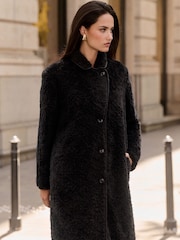 Negro - Lipsy Longline Teddy Faux Leather Trim Coat - Imagen 2 de 6
