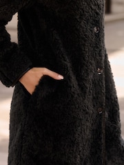 Negro - Lipsy Longline Teddy Faux Leather Trim Coat - Imagen 4 de 6