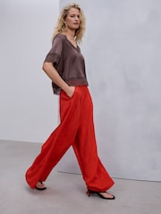 Chocolate Brown Satin V-Neck Lace Trim Top - Image 2 of 6