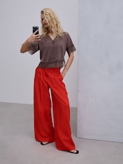 Chocolate Brown Satin V-Neck Lace Trim Top - Image 3 of 6