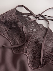 Chocolate Brown Satin V-Neck Lace Trim Top - Image 4 of 6