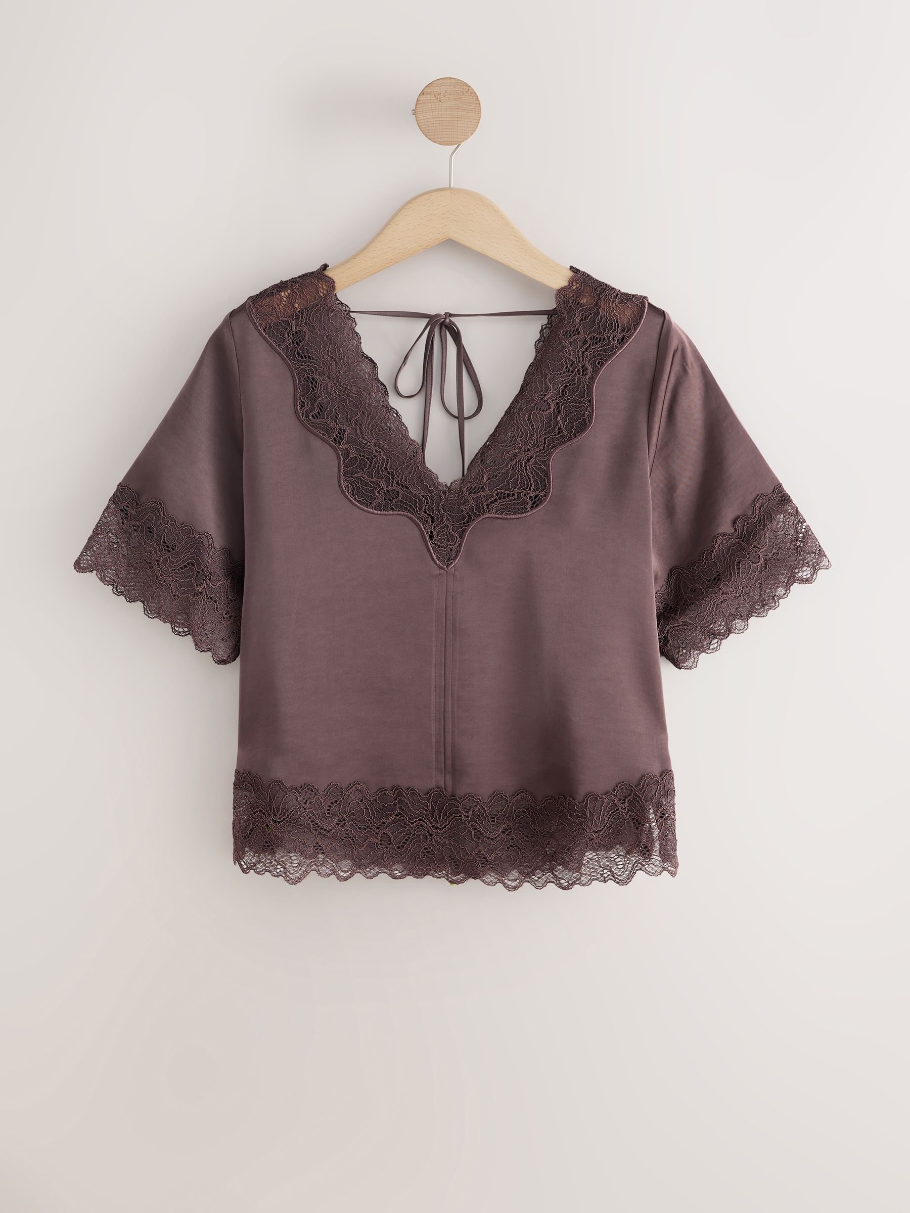 Buy Chocolate Brown Satin V-Neck Lace Trim Top from Next USA