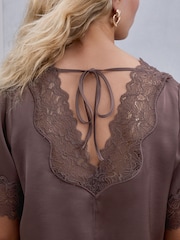 Chocolate Brown Satin V-Neck Lace Trim Top - Image 6 of 6