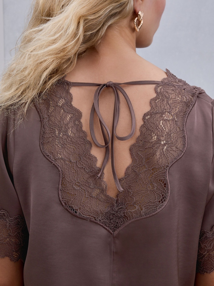 Chocolate Brown Satin V-Neck Lace Trim Top - Image 6 of 6