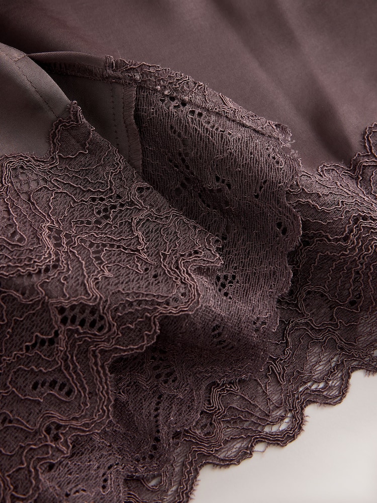 Chocolate Brown Satin V-Neck Lace Trim Top - Image 8 of 8