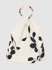 Reiss Ivory/Black Delilah Jacquard Printed Beaded-Halterneck Top - Image 2 of 8