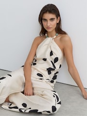 Reiss Ivory/Black Delilah Jacquard Printed Beaded-Halterneck Top - Image 3 of 8