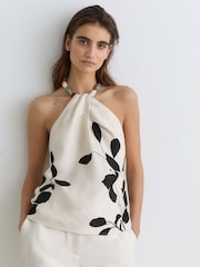 Reiss Ivory/Black Delilah Jacquard Printed Beaded-Halterneck Top - Image 6 of 8