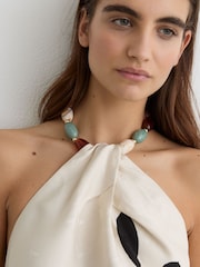 Reiss Ivory/Black Delilah Jacquard Printed Beaded-Halterneck Top - Image 7 of 8