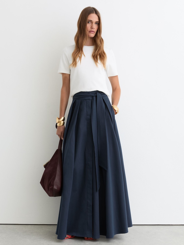 Reiss Navy Simone Cotton-Blend Pleated Maxi Skirt - Image 1 of 6