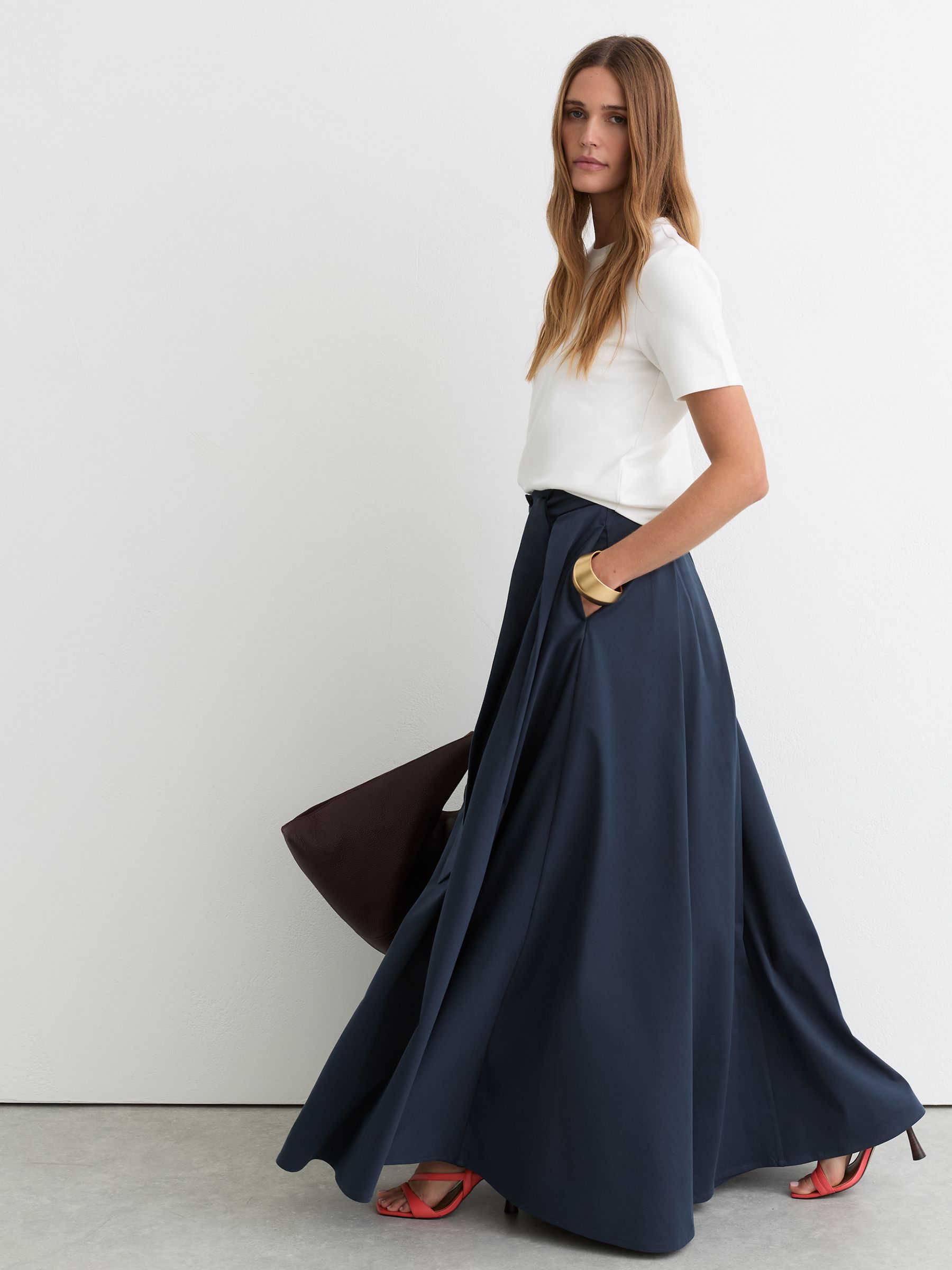 Buy Reiss Navy Blue Simone Cotton-Blend Pleated Maxi Skirt from