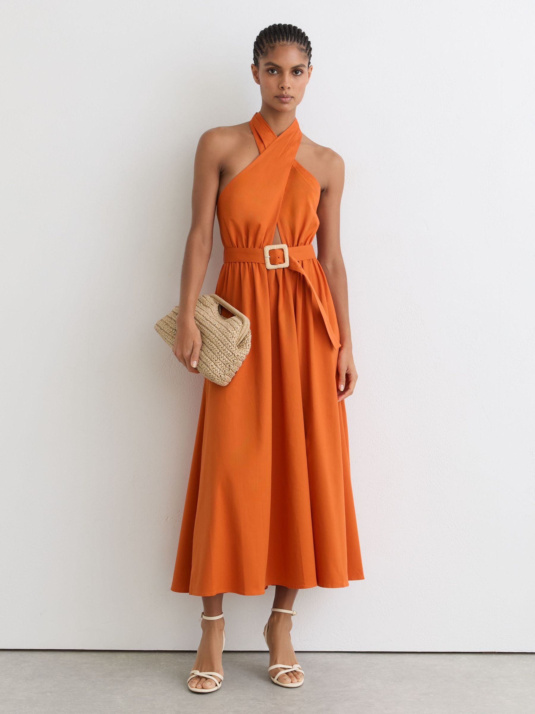 raise the sun midi dress orange Reiss Orange Rowe Cotton Halterneck Belted Midi Dress