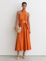 Reiss Rowe Cotton Halterneck Belted Midi Dress - Image 1 of 6