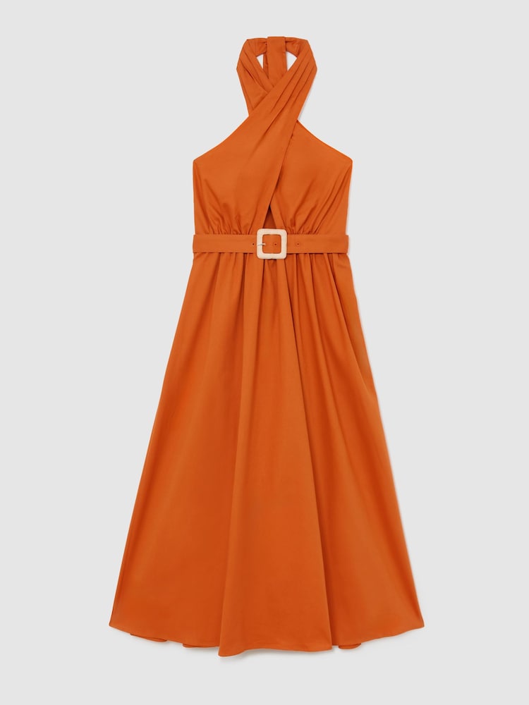 Reiss Rowe Cotton Halterneck Belted Midi Dress - Image 2 of 6 Reiss Rowe Cotton Halterneck Belted Midi Dress - Image 2 of 6