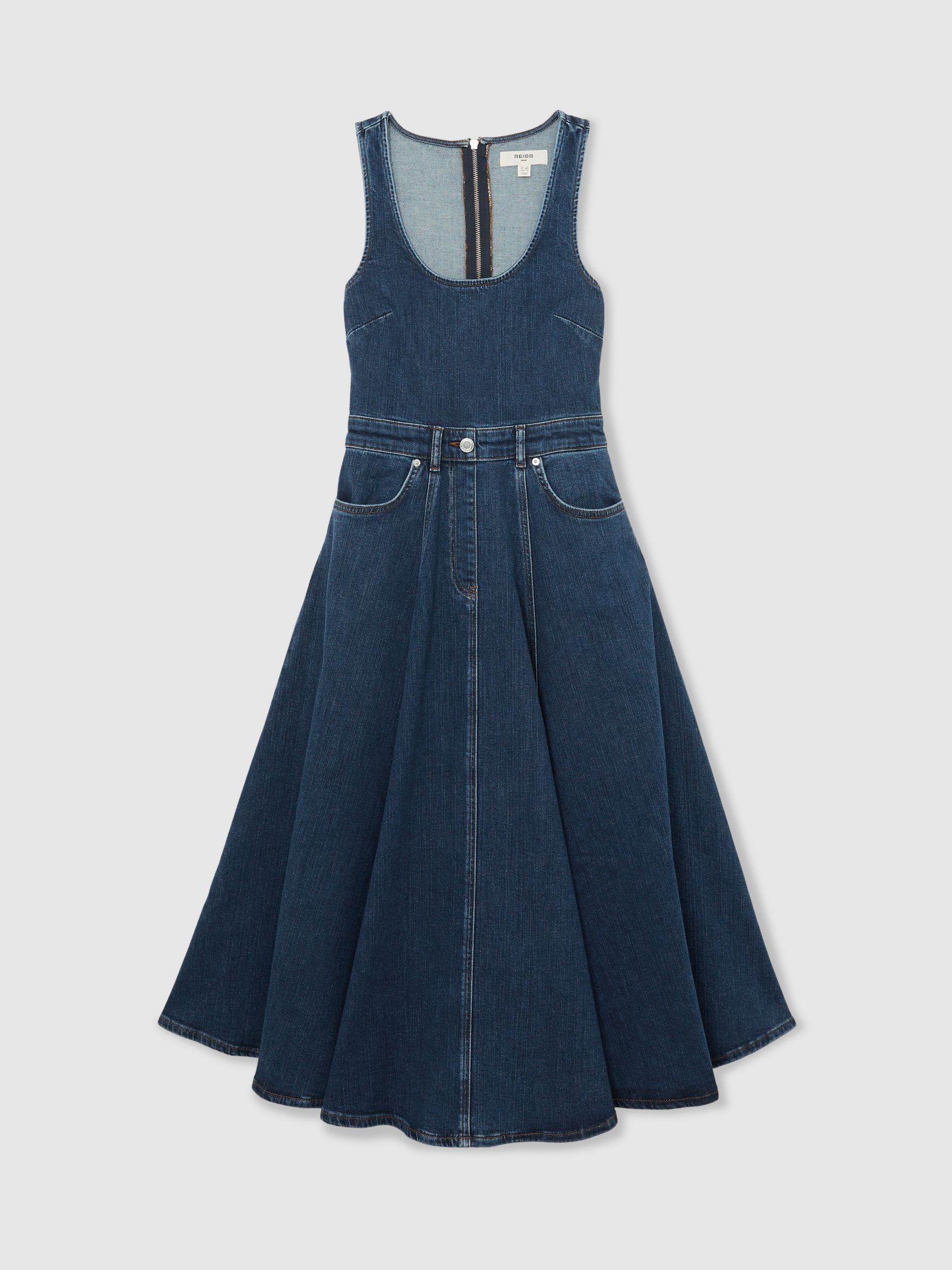 Buy Reiss Indigo Blue Rosie Denim Sleeveless Waisted Midi Dress