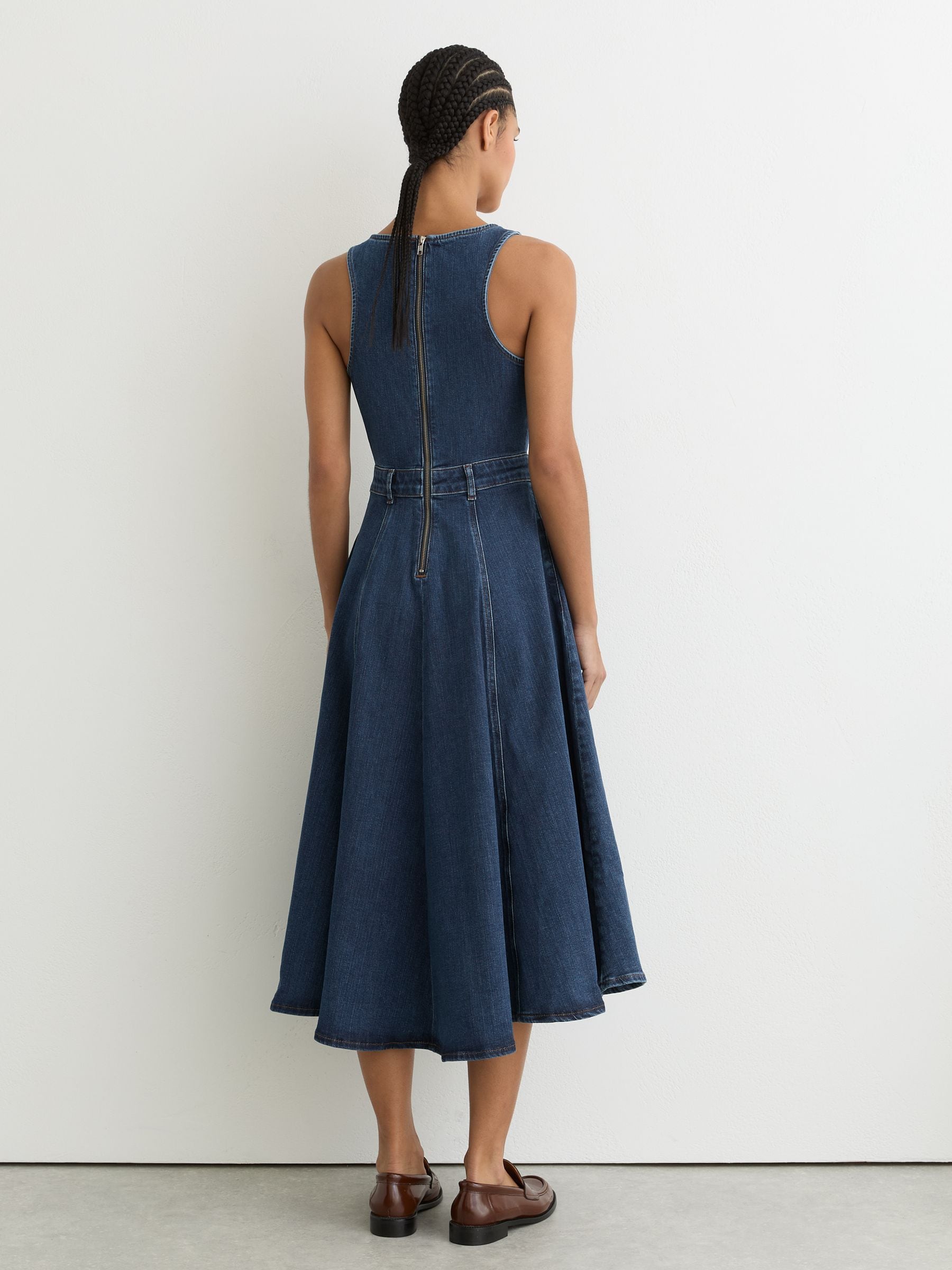 Buy Reiss Indigo Blue Rosie Denim Sleeveless Waisted Midi Dress