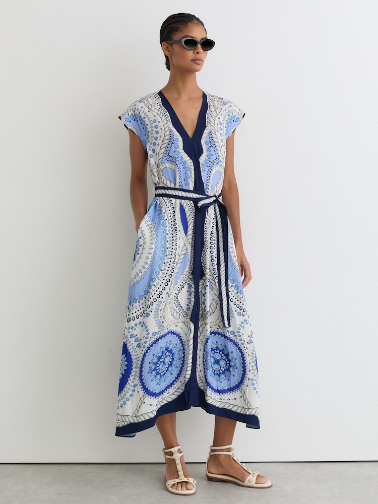 Reiss Ivory/Blue Heidi Scarf-Print Belted Midi Dress - Image 1 of 7