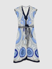 Reiss Ivory/Blue Heidi Scarf-Print Belted Midi Dress - Image 2 of 7