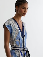 Reiss Ivory/Blue Heidi Scarf-Print Belted Midi Dress - Image 3 of 7
