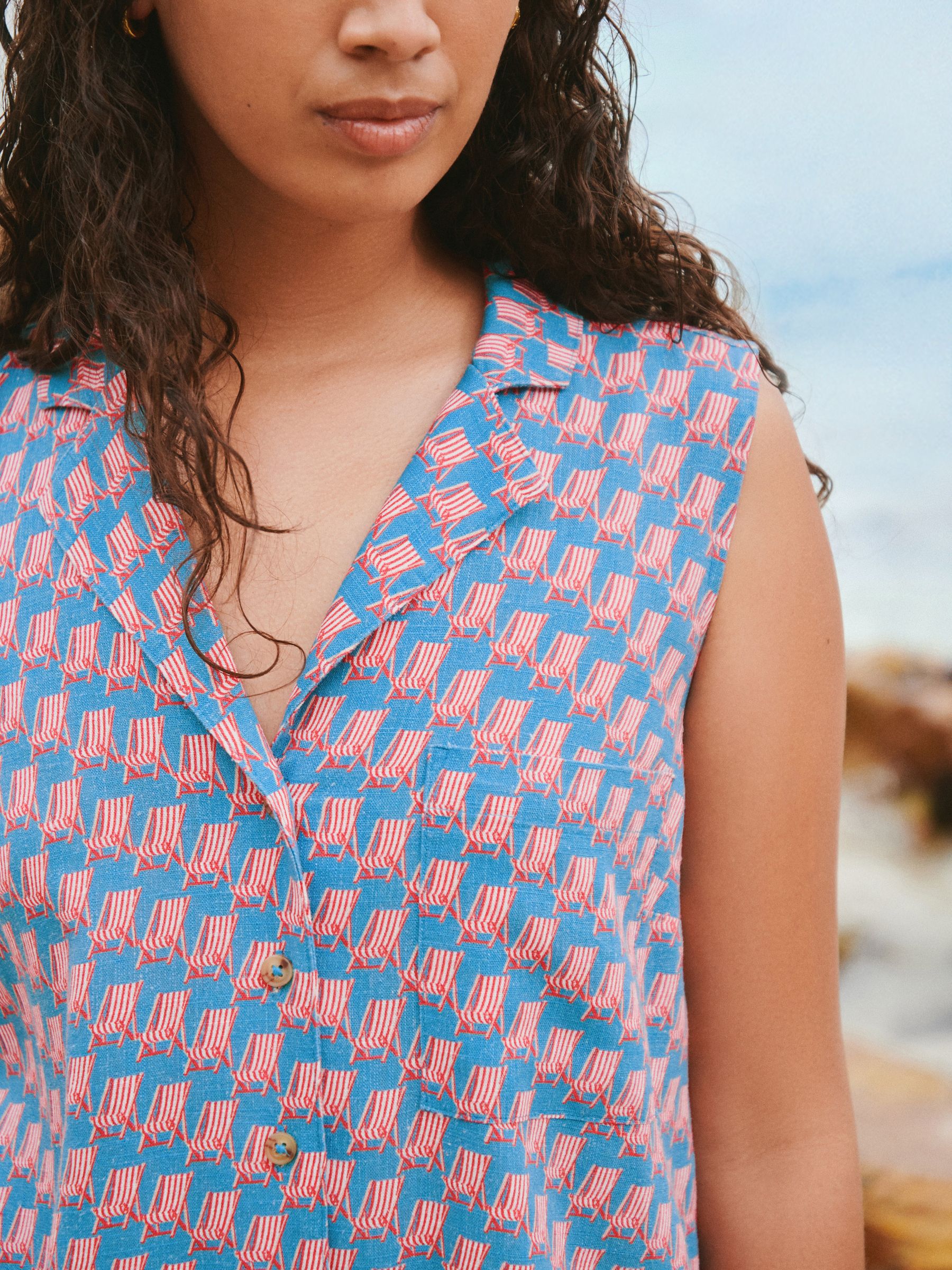 Buy Red/Blue Deck Chair Print Revere Collar Sleeveless Shirt with