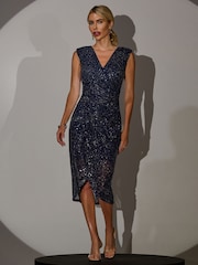 Jolie Moi Blue Aisla Ruched Sequin Bodycon Dress - Image 4 of 6