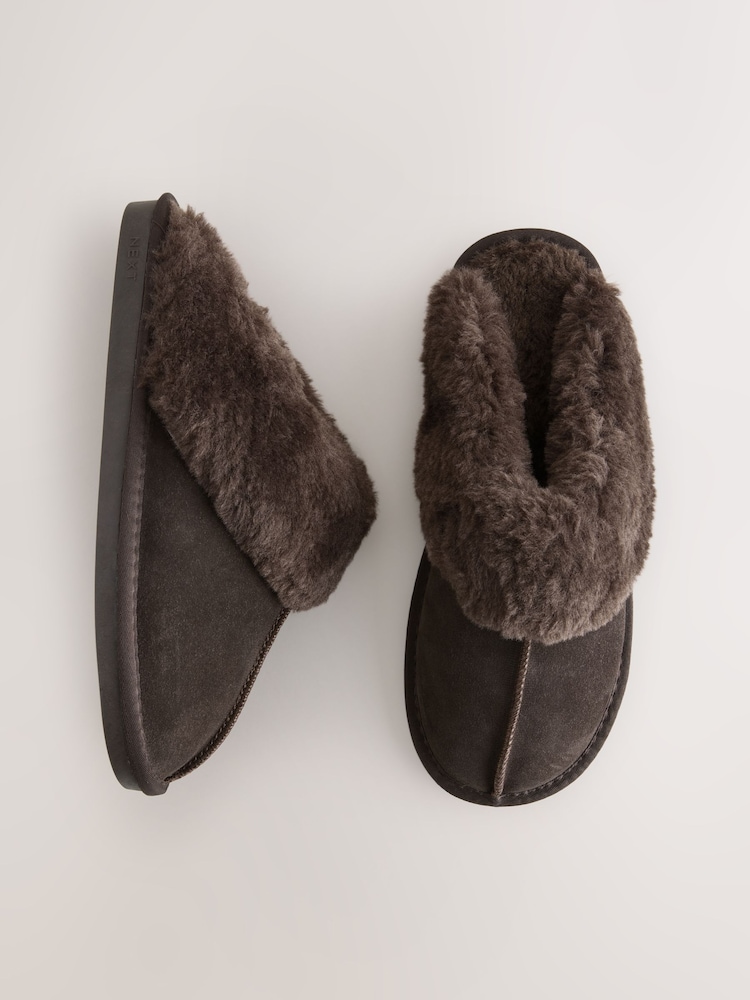 Chocolate Brown Faux Fur Lined Suede Mule Slippers - Image 1 of 9