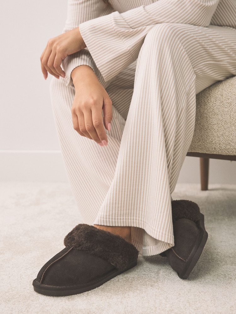 Chocolate Brown Faux Fur Lined Suede Mule Slippers - Image 2 of 9