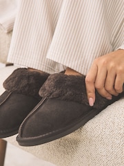 Chocolate Brown Faux Fur Lined Suede Mule Slippers - Image 3 of 9