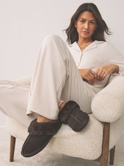 Chocolate Brown Faux Fur Lined Suede Mule Slippers - Image 4 of 9