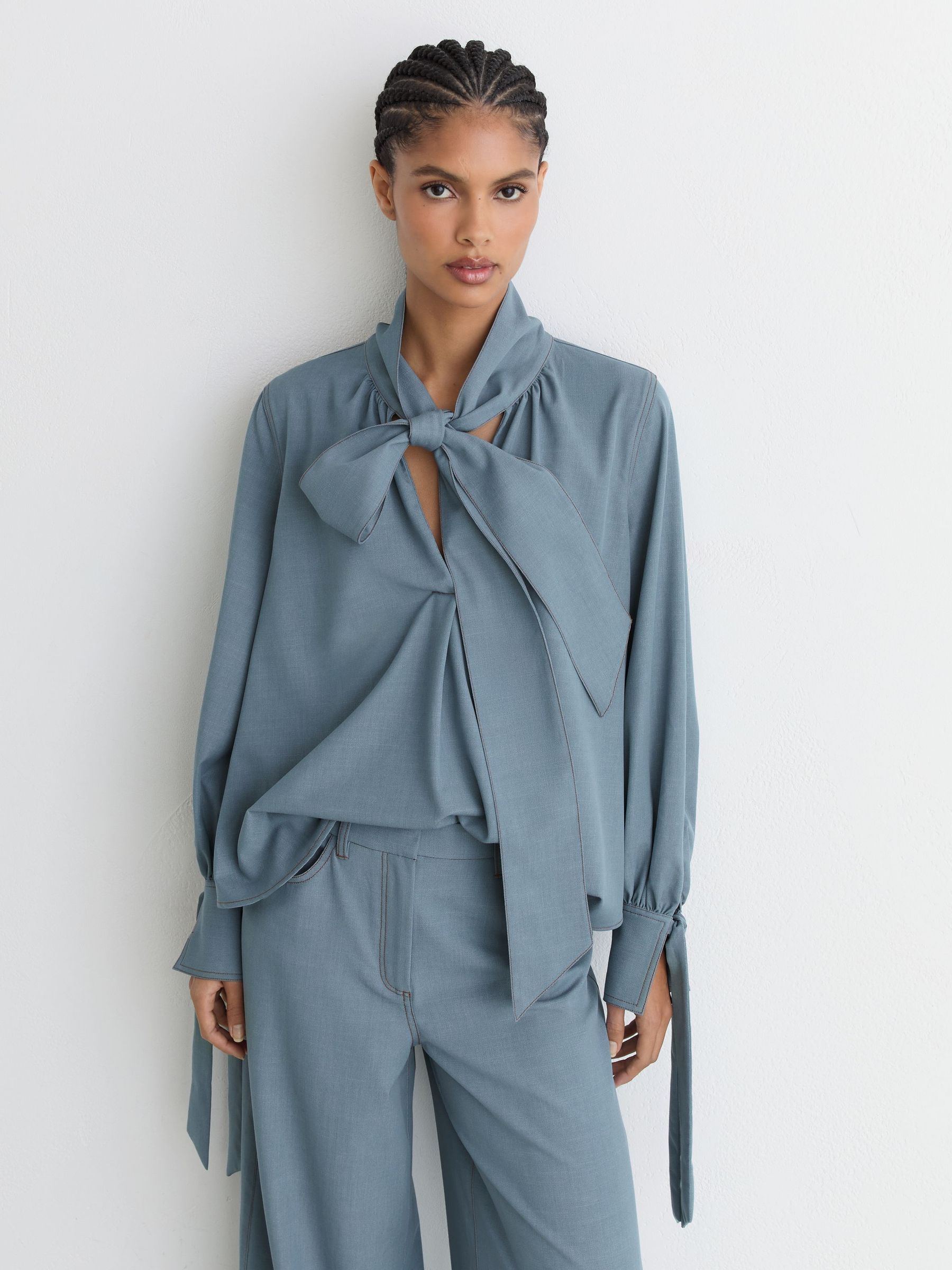 Reiss Light Blue Denim-look Tie-neck Blouse