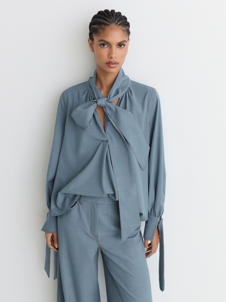 Reiss Light Blue Charlotte Denim-Look Tie-Neck Blouse - Image 1 of 7