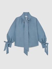 Reiss Light Blue Charlotte Denim-Look Tie-Neck Blouse - Image 2 of 7
