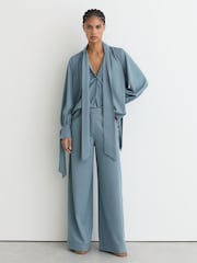 Reiss Light Blue Charlotte Denim-Look Tie-Neck Blouse - Image 3 of 7