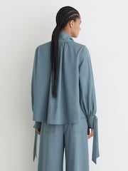 Reiss Light Blue Charlotte Denim-Look Tie-Neck Blouse - Image 5 of 7