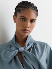 Reiss Light Blue Charlotte Denim-Look Tie-Neck Blouse - Image 6 of 7