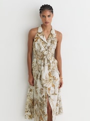 Reiss Neutral Tate Cotton Safari-Print Tailored Midi Dress - Image 1 of 8