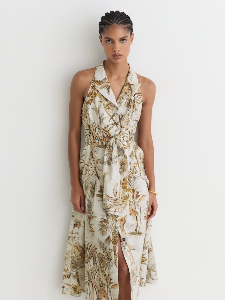 Reiss Neutral Tate Cotton Safari-Print Tailored Midi Dress - Image 1 of 8