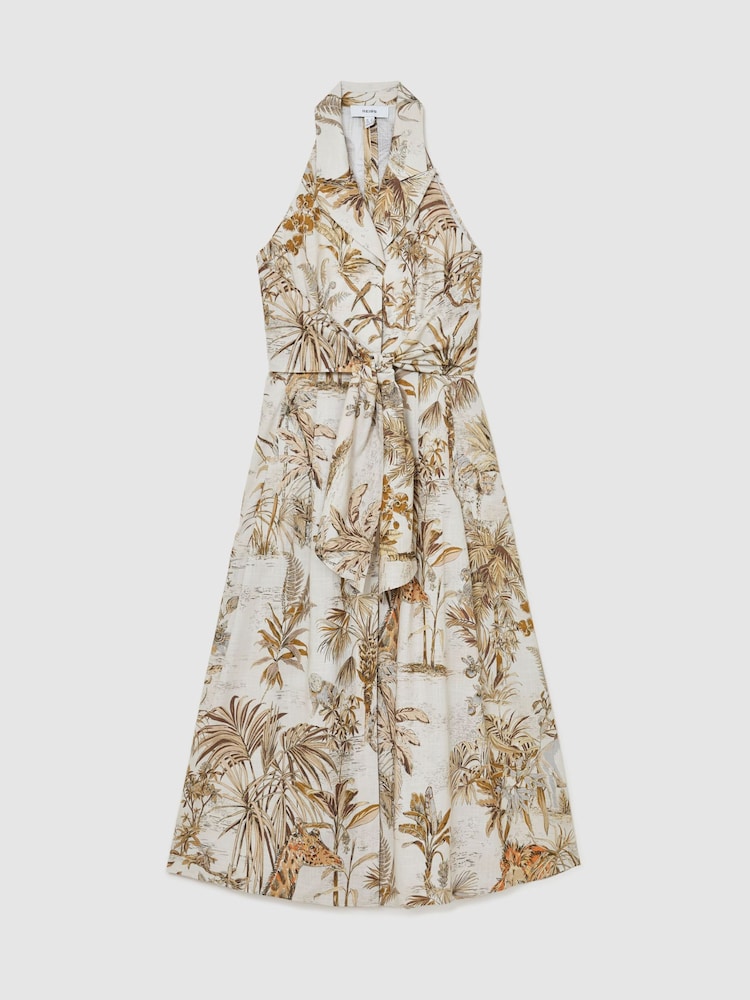 Reiss Neutral Tate Cotton Safari-Print Tailored Midi Dress - Image 2 of 8