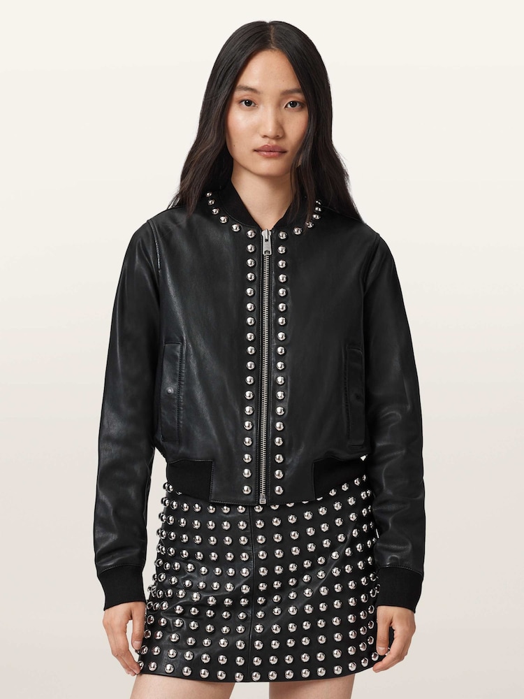 AllSaints Black Orten Wilder Leather Bomber Jacket - Image 1 of 8 AllSaints Black Orten Wilder Leather Bomber Jacket - Image 1 of 8