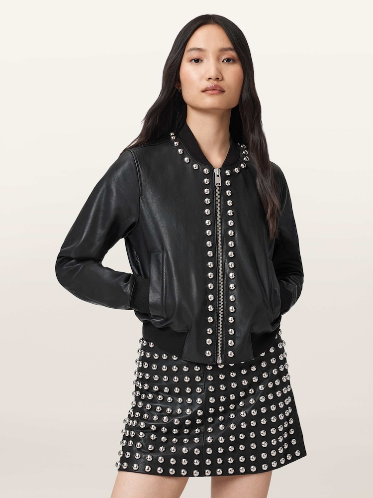 AllSaints Black Orten Wilder Leather Bomber Jacket - Image 2 of 8 AllSaints Black Orten Wilder Leather Bomber Jacket - Image 2 of 8