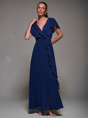 Jolie Moi Blue Pleated Frill Detail Chiffon Maxi Dress - Image 1 of 6