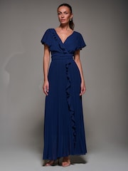 Jolie Moi Blue Pleated Frill Detail Chiffon Maxi Dress - Image 2 of 6
