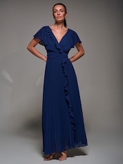 Jolie Moi Blue Pleated Frill Detail Chiffon Maxi Dress - Image 3 of 6