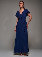 Jolie Moi Blue Pleated Frill Detail Chiffon Maxi Dress - Image 4 of 6
