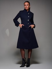 Jolie Moi Blue Asymmetric Button Detail Fit & Flare Coat - Image 1 of 6